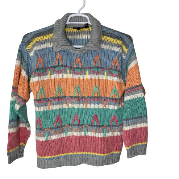 Vintage Tomboy Women's Medium Sweater Knit Pastel Multicolor Collared 80s Funky - Picture 1 of 6